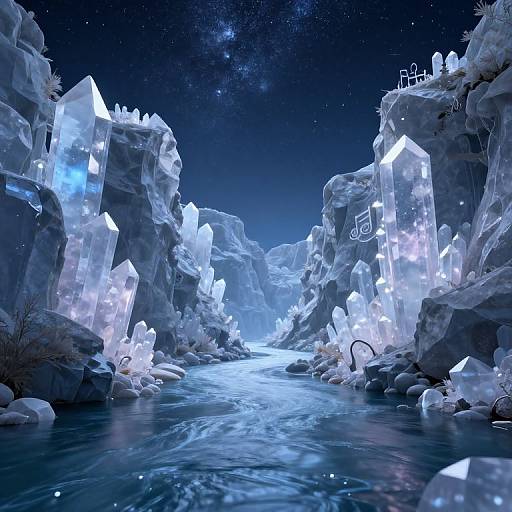 Digital artwork of a glowing, crystal-studded icy canyon at night, with a starry sky and a luminous, flowing river.