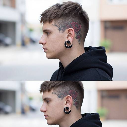 Photograph of a young Caucasian man with short brown hair, black hooded jacket, large black ear gauges, and red floral tattoo on the side
