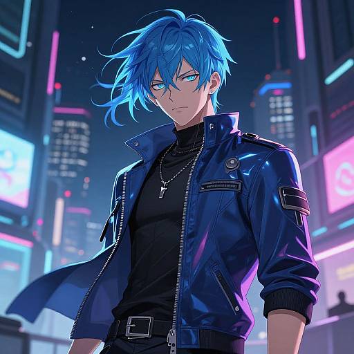 Blue-Haired Cyberpunk Anime Hero