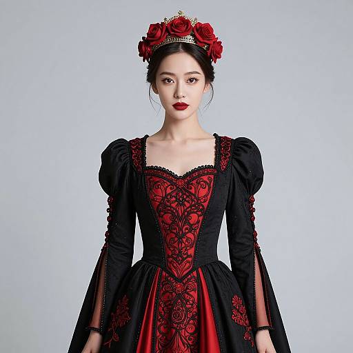 Photograph of an Asian woman with pale skin, black hair, red lipstick, wearing a black and red gothic lace dress, and a red rose