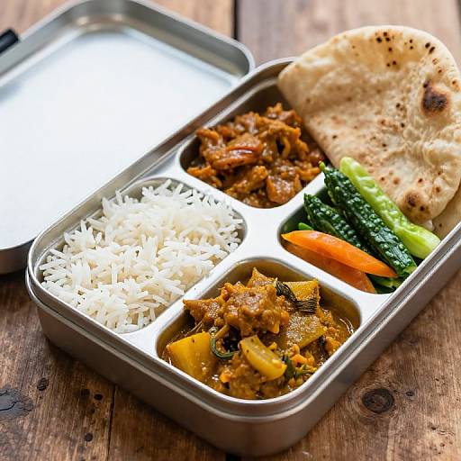 Photograph of a metal tray with Indian meal: white rice, chicken curry, mixed vegetables, lentils, naan bread, on a wooden table