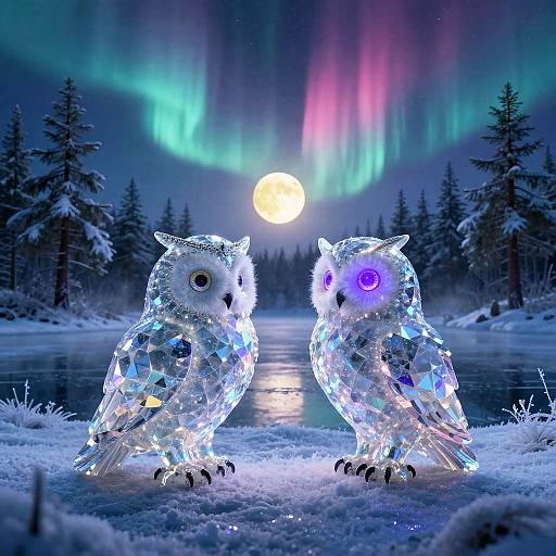 Glowing Crystal Owls in Frozen Landscape