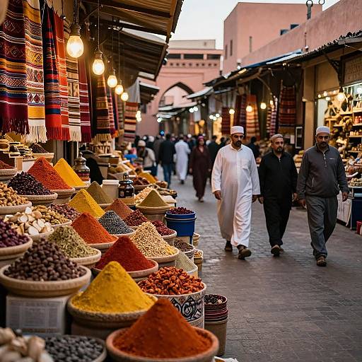 Photograph of a vibrant Middle Eastern market with colorful spices, hanging lights, and men in traditional white and black clothing walking.