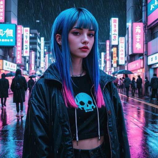 Neon Goth Girl Portrait in Rainy Tokyo Street