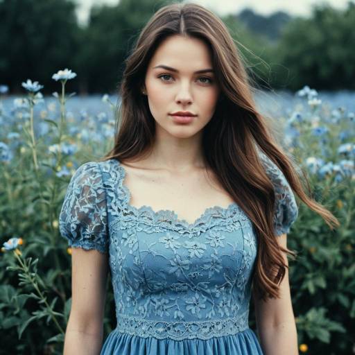 Charming Girl in Dusty Blue Lace Dress
