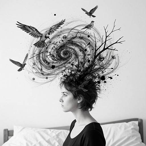 Black and white photograph of a woman with a swirling, bird-filled, abstract hairstyle, wearing a black top, against a white background.