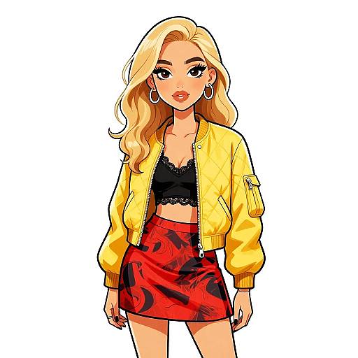 Digital illustration of a blonde woman with wavy hair, wearing a yellow bomber jacket, black lace top, and red patterned skirt, standing against a