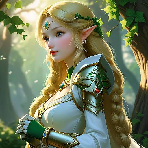 Digital fantasy artwork of a blonde, elven woman with long braided hair, wearing ornate silver armor and green gloves, in a sunlit forest