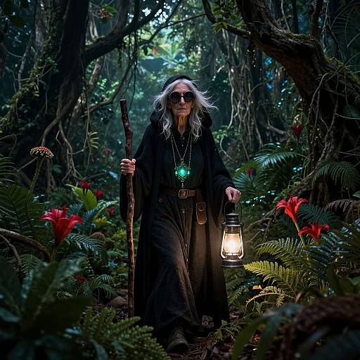 Mysterious old man with long white hair, black cloak, holding staff and lantern, standing in dense, moonlit jungle with red flowers. Digital art
