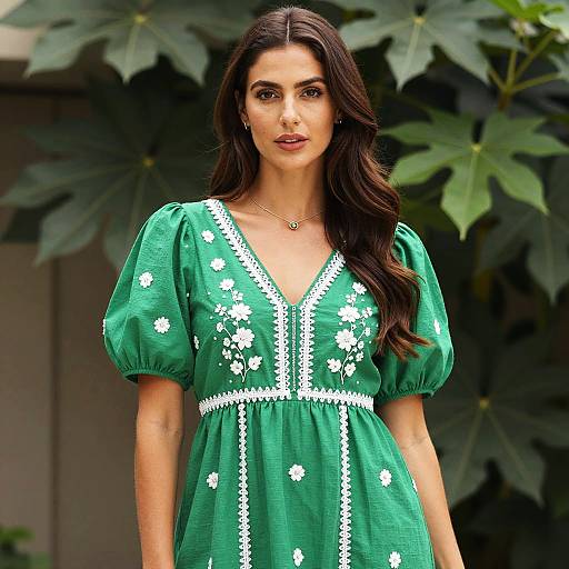 Woman in Green Floral Embroidered Dress
