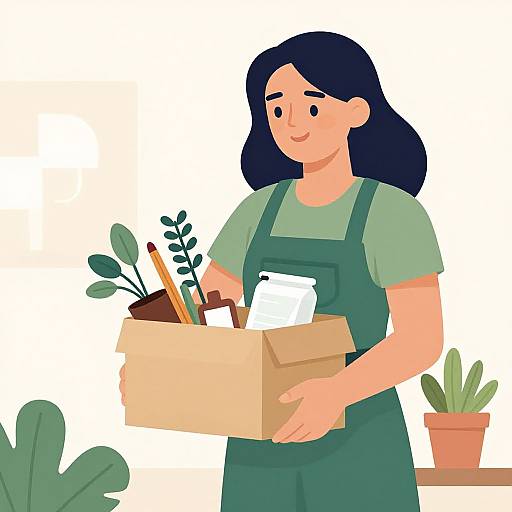 Digital illustration of a smiling woman with black hair, wearing a green shirt and apron, holding a brown paper bag with plants and tools, against a