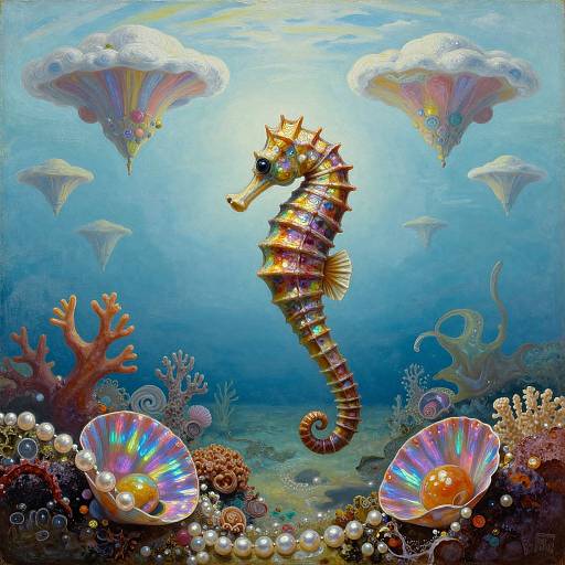 Colorful digital artwork of a striped seahorse surrounded by jellyfish and vibrant coral, with iridescent shells and pearls on the seabed.