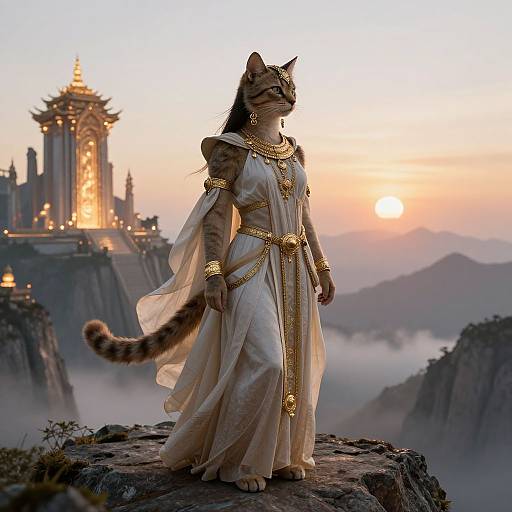 Digital art: Feline woman in ancient-style, gold-embellished white gown stands on rocky cliff, gazing at sunset-lit, orn