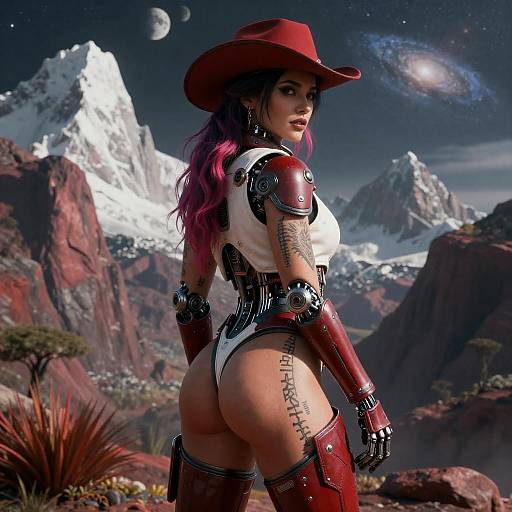 Neon-Haired Space Outlaw on Snowy Exoplanet