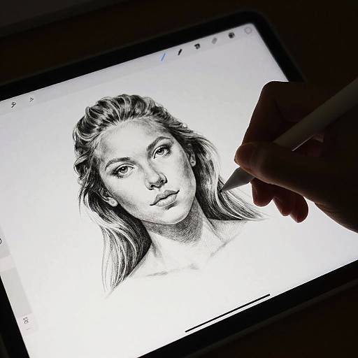 Monochrome sketch of a woman with long hair on a tablet, illuminated by a hand holding a stylus in the foreground.