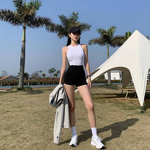 Woman Outdoors in Stylish Casual Attire