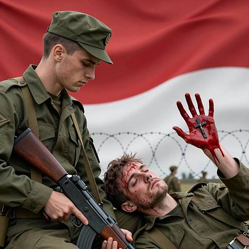 Soldiers with Bloodied Hand and Cross in Military Setting