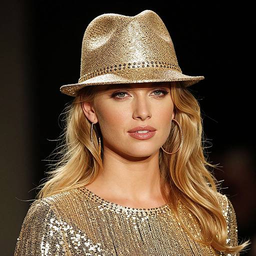 Photograph of a blonde woman with wavy hair, wearing a glittery gold sequin hat and matching sequin top, against a dark background.