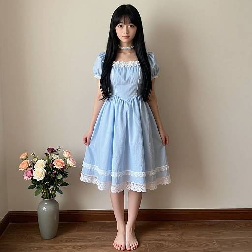 Photograph of an Asian woman with long black hair, wearing a light blue, puffed-sleeve, lace-trimmed dress, standing bare