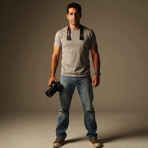 Photograph of a muscular man with dark curly hair, wearing a gray t-shirt, blue jeans, and brown shoes, holding a camera, standing against