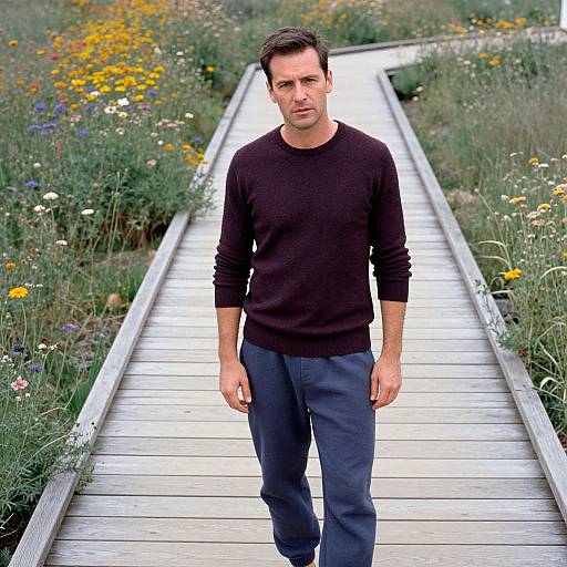 Photograph of a Caucasian man with short brown hair, wearing a black sweater and dark pants, standing on a wooden path surrounded by vibrant wildflowers.