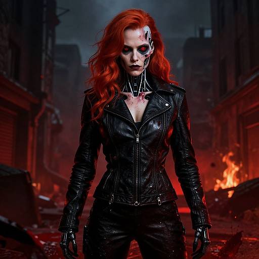 Photograph-style digital artwork of a fierce, pale-skinned woman with fiery red hair, wearing a black leather jacket and gloves, standing in a dark