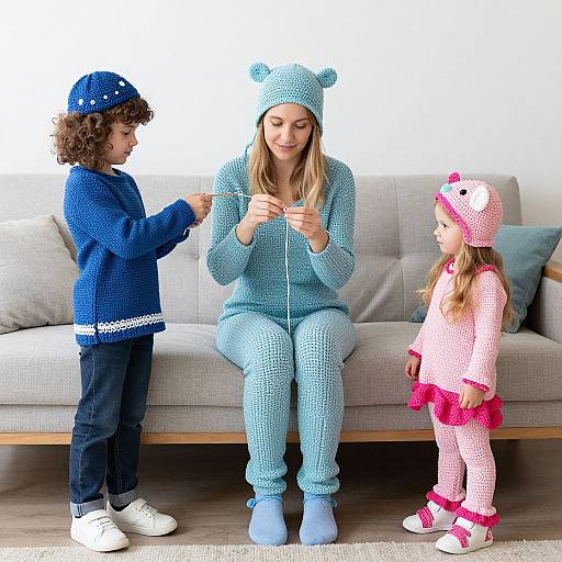 Photograph of a blonde woman in a blue knit onesie and hat, sitting on a gray sofa, interacting with a curly-haired boy in a blue