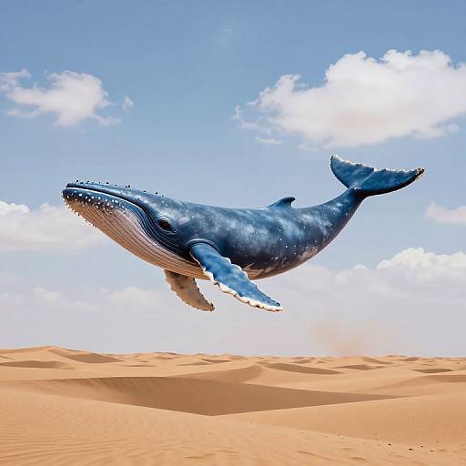 Photorealistic digital artwork of a massive blue whale with a glossy, textured skin, soaring above a sandy desert under a bright blue sky with fluffy white