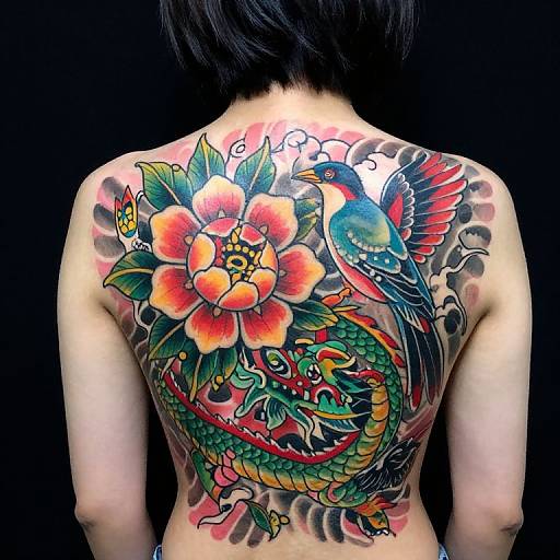 Tattooed back of an Asian woman with vibrant, colorful phoenix and flower design, featuring red, green, blue, and orange hues. Black