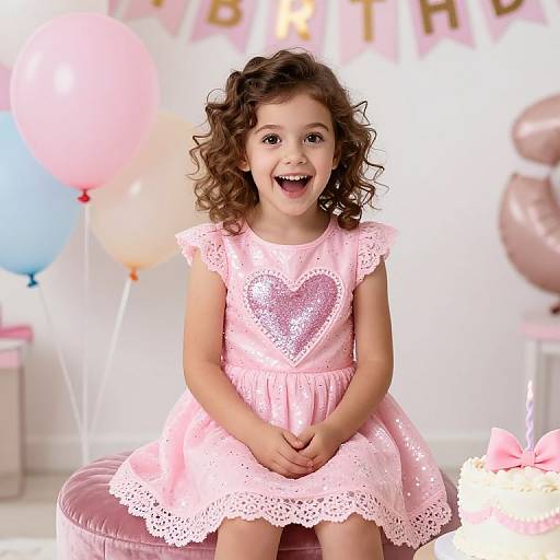 Photograph of a curly-haired, smiling young girl in a pink, heart-embroidered dress, sitting on a pink stool, with pastel
