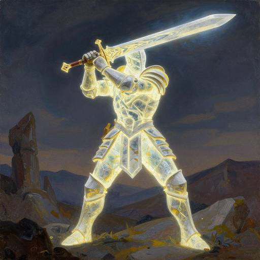 Digital painting of a glowing, illuminated knight in shining armor, holding a radiant sword, standing in a dark, rocky mountain landscape.