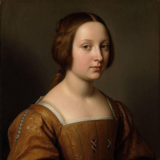 17th-century portrait of a young Caucasian woman with fair skin, brown hair in a braid, wearing an ornate brown dress, dark background.