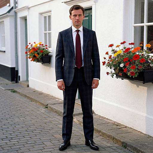 Confident Man in Plaid Suit on Cobblestone Street