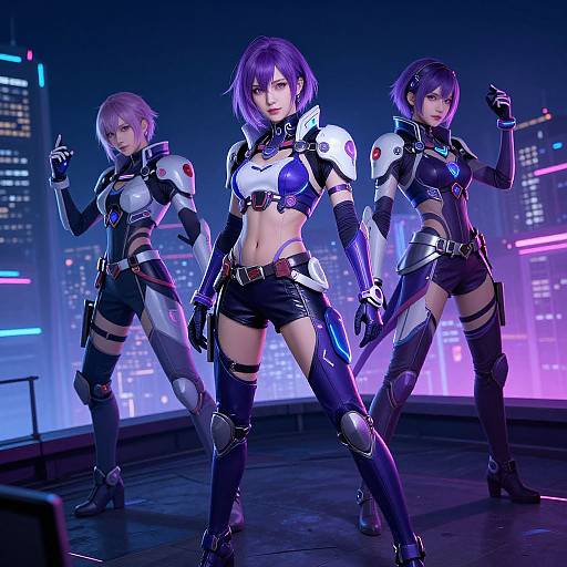 Digital art of three futuristic, armored women with purple hair, neon cityscape background, cyberpunk style, standing confidently in a nightclub.