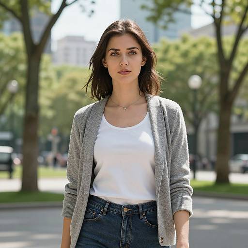 Photograph of a young woman with straight dark brown hair, wearing a white tank top, gray cardigan, and high-waisted blue jeans,