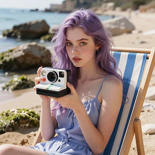 Lilac-Haired Dreamer on Mediterranean Beach