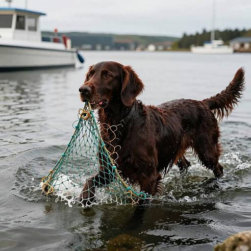Irish Setter Retrieving Nets in Harbor