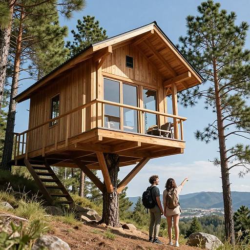 Photograph of a wooden treehouse on stilts in a pine forest, two hikers with backpacks stand below, clear blue sky.