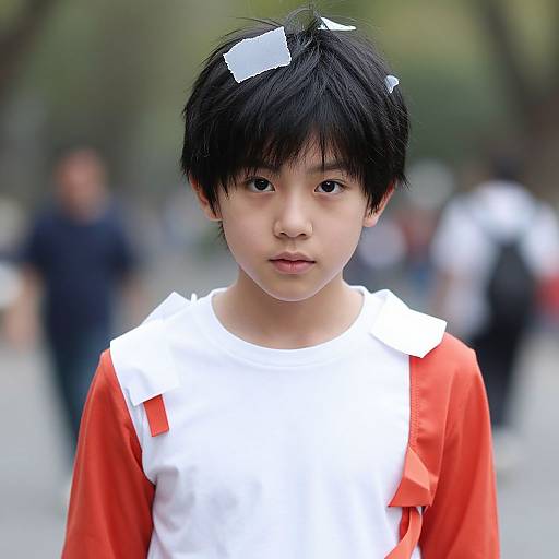 Photograph of an Asian boy with black hair, white tape on his head, wearing a red and white shirt, standing in a blurred, outdoor,