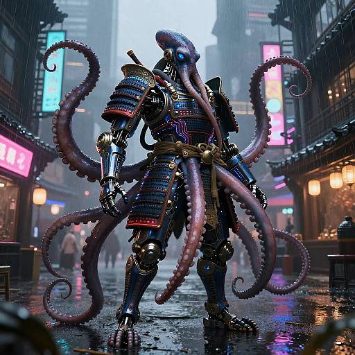 Neon-Lit Octopus Cyber-Samurai Concept Art