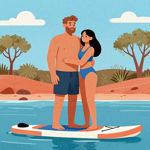 Cartoon Couple Paddleboarding in Outback