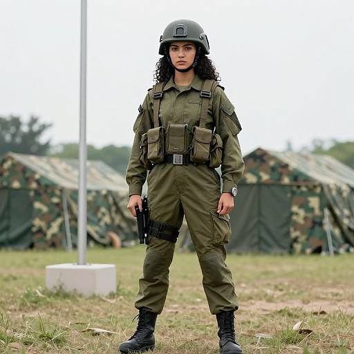 Photograph of a young woman with curly black hair, olive-green military uniform, and helmet, standing on grass with camouflage tents in the background, holding