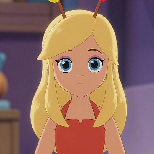 Digital anime-style drawing of a blonde girl with blue eyes, wearing a red dress and ant-like antennae, looking serious, with a blurred purple and