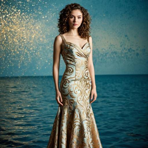 Elegant Woman in Gold Patterned Evening Gown