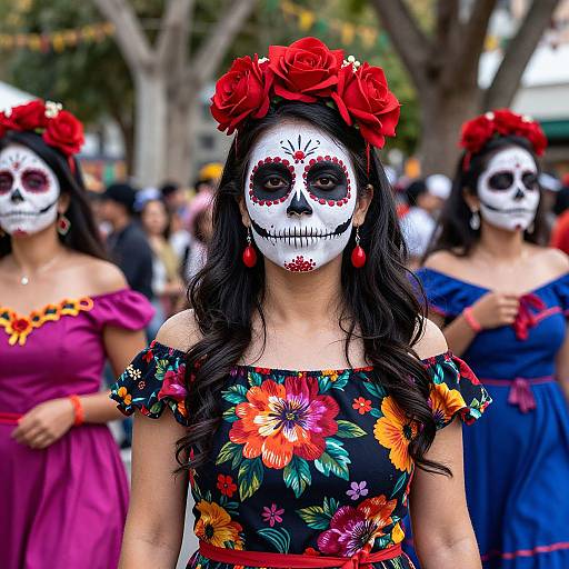 Photograph of three women in Day of the Dead costumes, wearing white skull masks, red flower crowns, and vibrant floral dresses, standing outdoors with