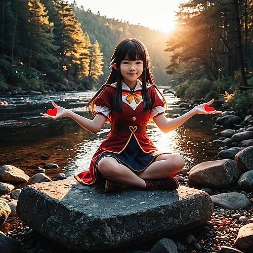 Photograph of an Asian girl with long black hair, wearing a red and black school uniform, meditating on a rock in a sunlit forest stream