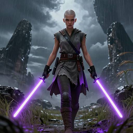 Angry Bald Jedi Girl with Dual Purple Sabers