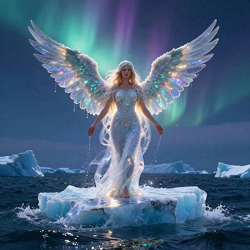 Digital artwork of a glowing angelic woman with iridescent wings, wearing a shimmering white gown, standing on an ice floe in a Northern