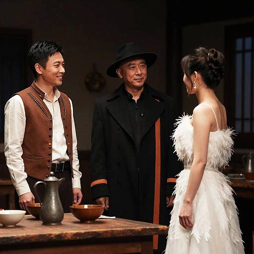 Three People in Rustic Room Conversation