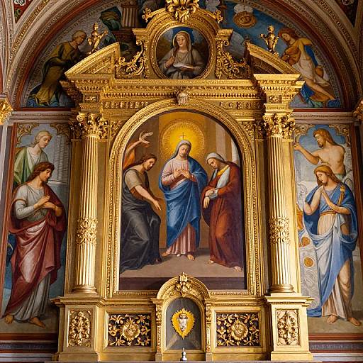 Detailed religious painting of the Annunciation, framed in ornate gold, featuring Mary, Gabriel, and angels, with intricate architectural background.
